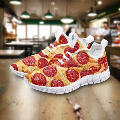 Pepperoni Pizza hand-made high-top canvas shoes — unique wearable art by Freaky Shoes