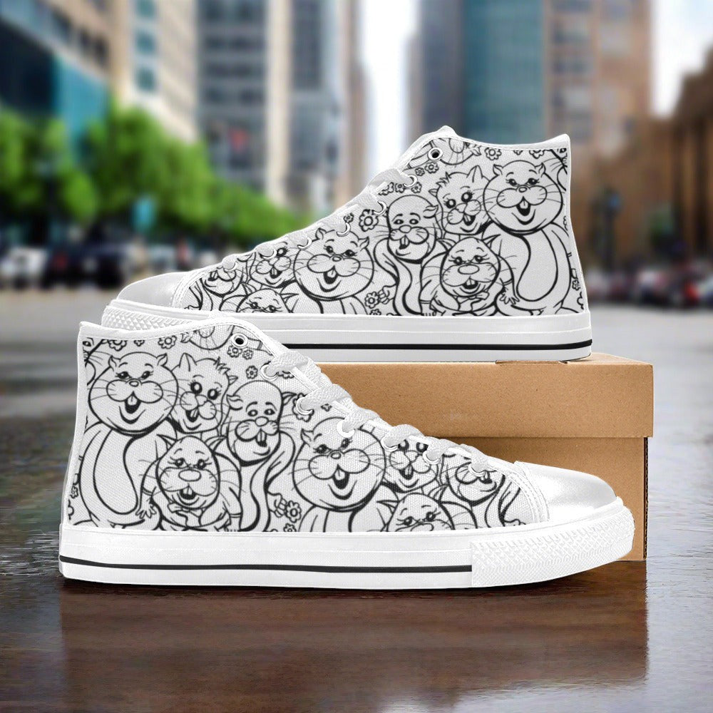Women's Rabbits Monster Art Pen & Ink hand-made high-top canvas shoes — unique wearable art by Freaky Shoes