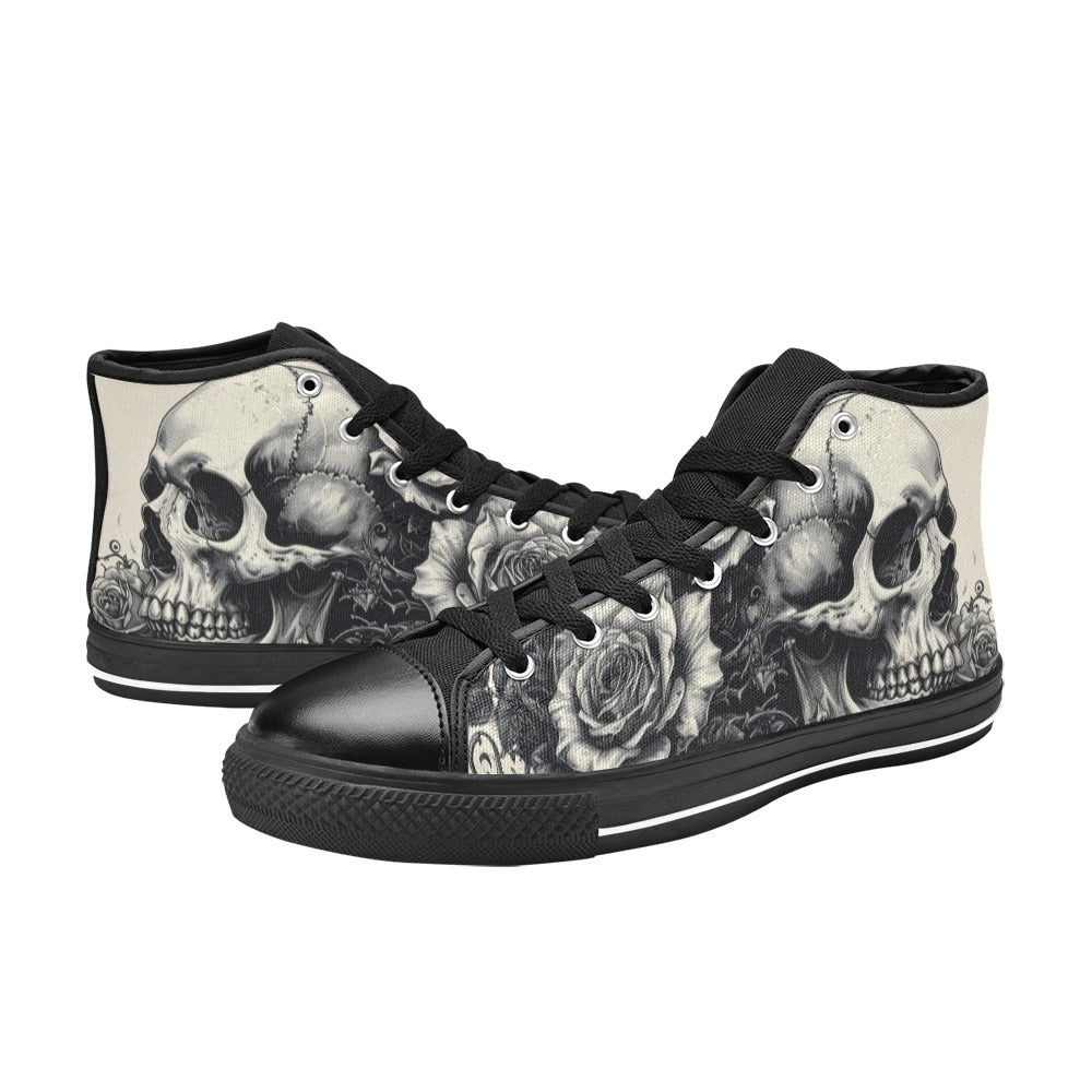 Monochrome Gothic Skull Men's Dark Art High Top Canvas Shoes | Freaky Shoes®