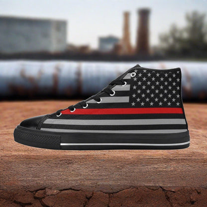 Women's Thin Red Line Flag high-top canvas shoes, custom full-wrap printed design — Freaky Shoes