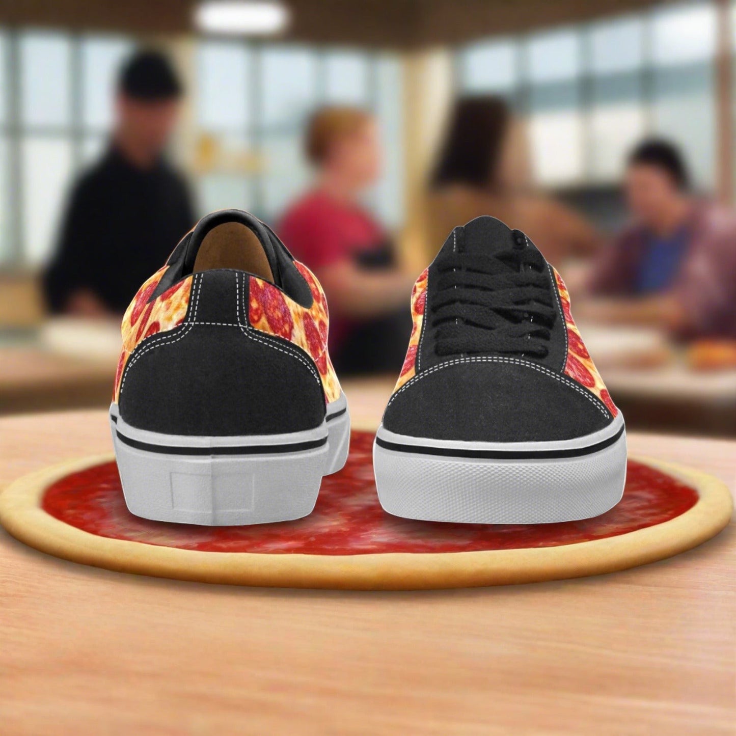 Custom Women's Pepperoni Pizza low-top canvas shoes with bold all-over art — Freaky Shoes