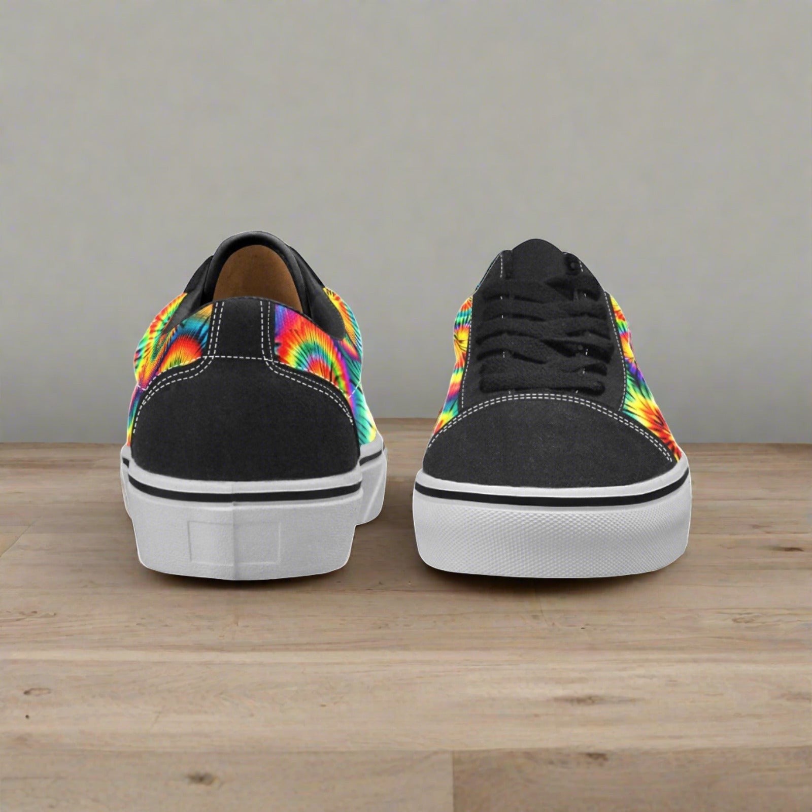 Custom Men's Rainbow Tie Dye low-top canvas shoes with bold all-over art — Freaky Shoes