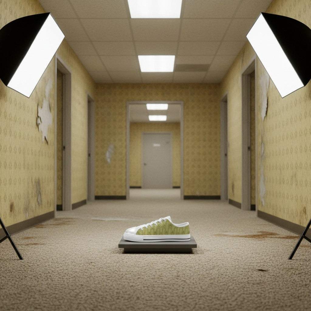 Men's Abandoned Hallway Backrooms Wallpaper Art hand-made high-top canvas shoes — unique wearable art by Freaky Shoes