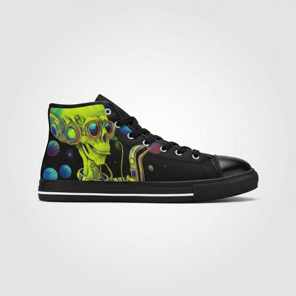 Freaky Shoes® high-top canvas sneakers featuring a vibrant green alien playing a saxophone in space