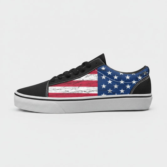 Freaky Shoes® women's low-top canvas skateboarding shoes featuring a distressed American flag print and black trim.