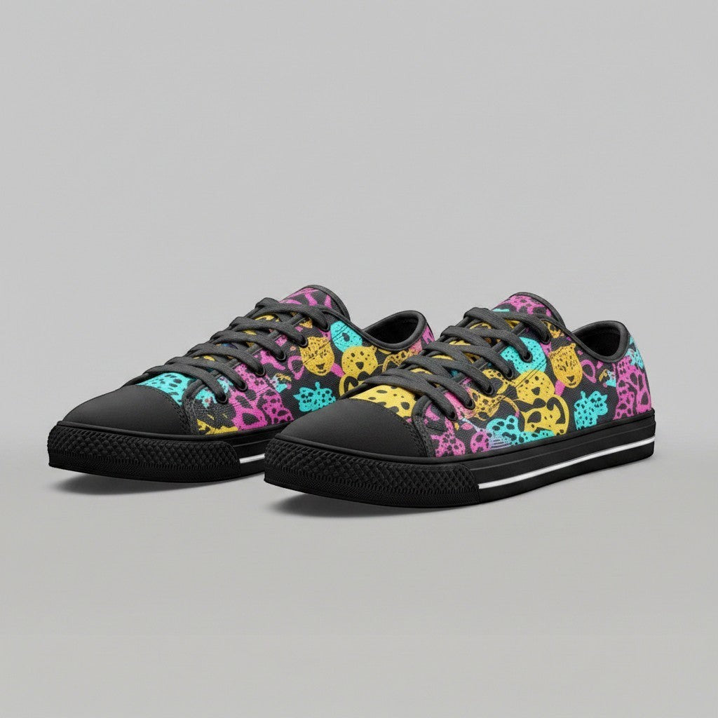 Freaky Shoes® high-top canvas sneakers featuring a vibrant, multi-colored animal print pattern on a black background.