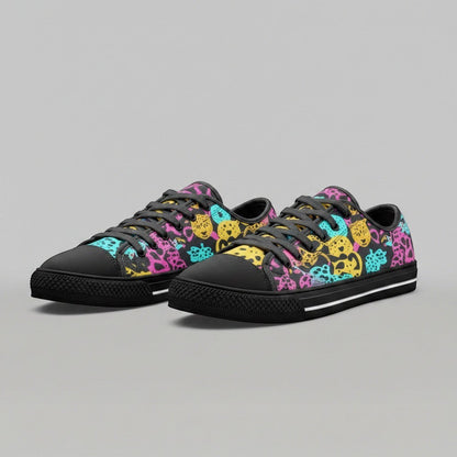 Freaky Shoes® high-top canvas sneakers featuring a vibrant, multi-colored animal print pattern on a black background.