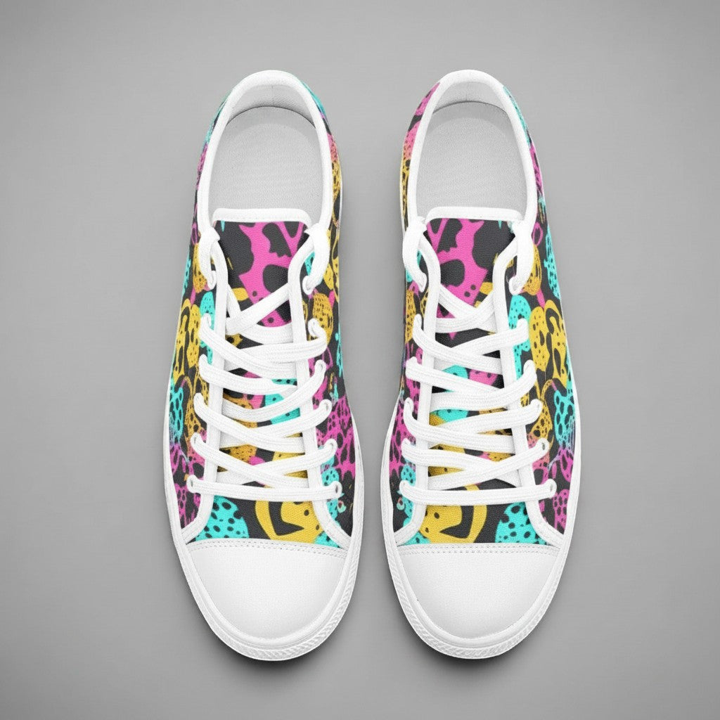 Freaky Shoes® high-top canvas sneakers featuring a vibrant, multi-colored animal print pattern and white laces.