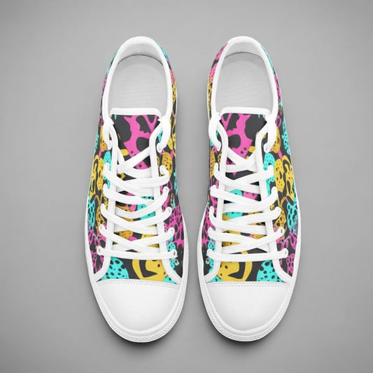Freaky Shoes® high-top canvas sneakers featuring a vibrant, multi-colored animal print pattern and white laces.