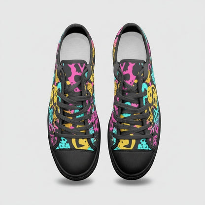 Freaky Shoes® high-top canvas sneakers featuring a vibrant, multi-colored animal print pattern on a black background.