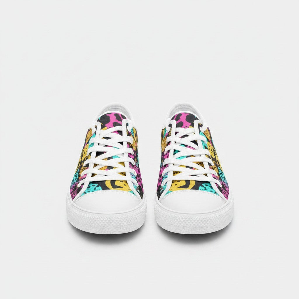 Freaky Shoes® high-top canvas sneakers featuring a vibrant, multi-colored animal print pattern and white laces.