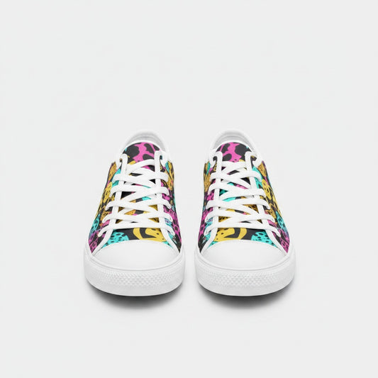 Freaky Shoes® high-top canvas sneakers featuring a vibrant, multi-colored animal print pattern and white laces.