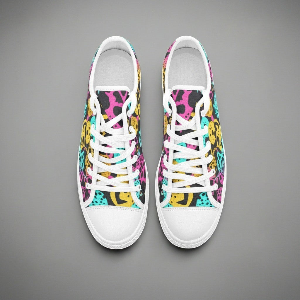 Freaky Shoes® high-top canvas sneakers featuring a vibrant, multi-colored animal print pattern and white laces.