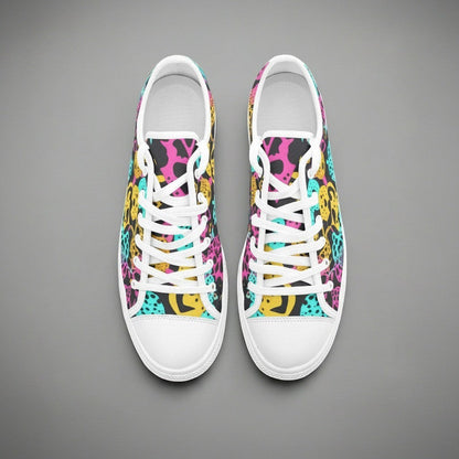 Freaky Shoes® high-top canvas sneakers featuring a vibrant, multi-colored animal print pattern and white laces.