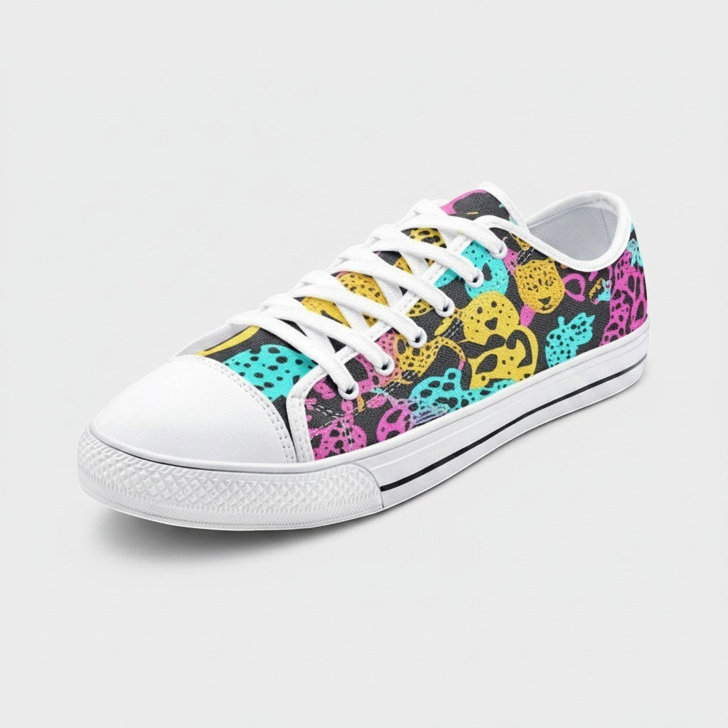 Freaky Shoes® custom high-top canvas sneakers featuring a vibrant, multi-colored animal print pattern on black.