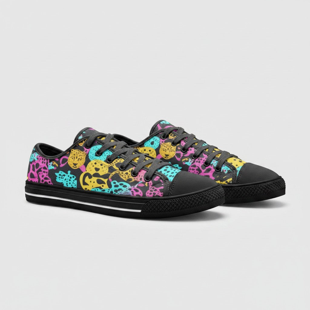 Freaky Shoes® high-top canvas sneakers featuring a vibrant, multi-colored animal print pattern on a black background.
