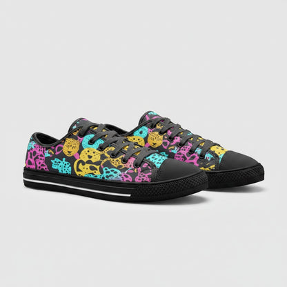 Freaky Shoes® high-top canvas sneakers featuring a vibrant, multi-colored animal print pattern on a black background.