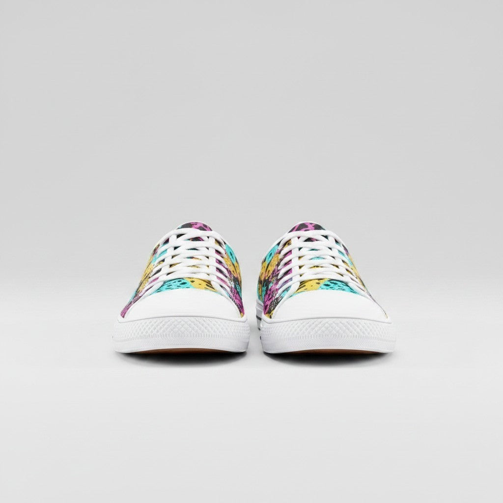 Freaky Shoes® high-top canvas sneakers featuring a vibrant, multi-colored animal print pattern and white laces.
