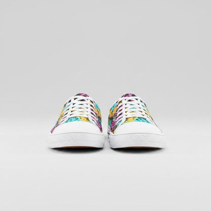 Freaky Shoes® high-top canvas sneakers featuring a vibrant, multi-colored animal print pattern and white laces.