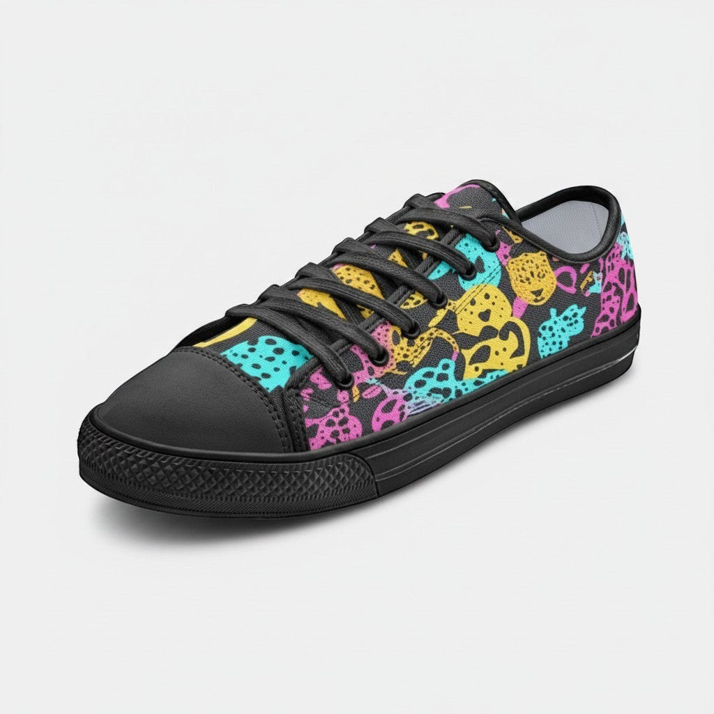 Freaky Shoes® custom high-top canvas sneakers featuring a vibrant neon animal print pattern on a black background.