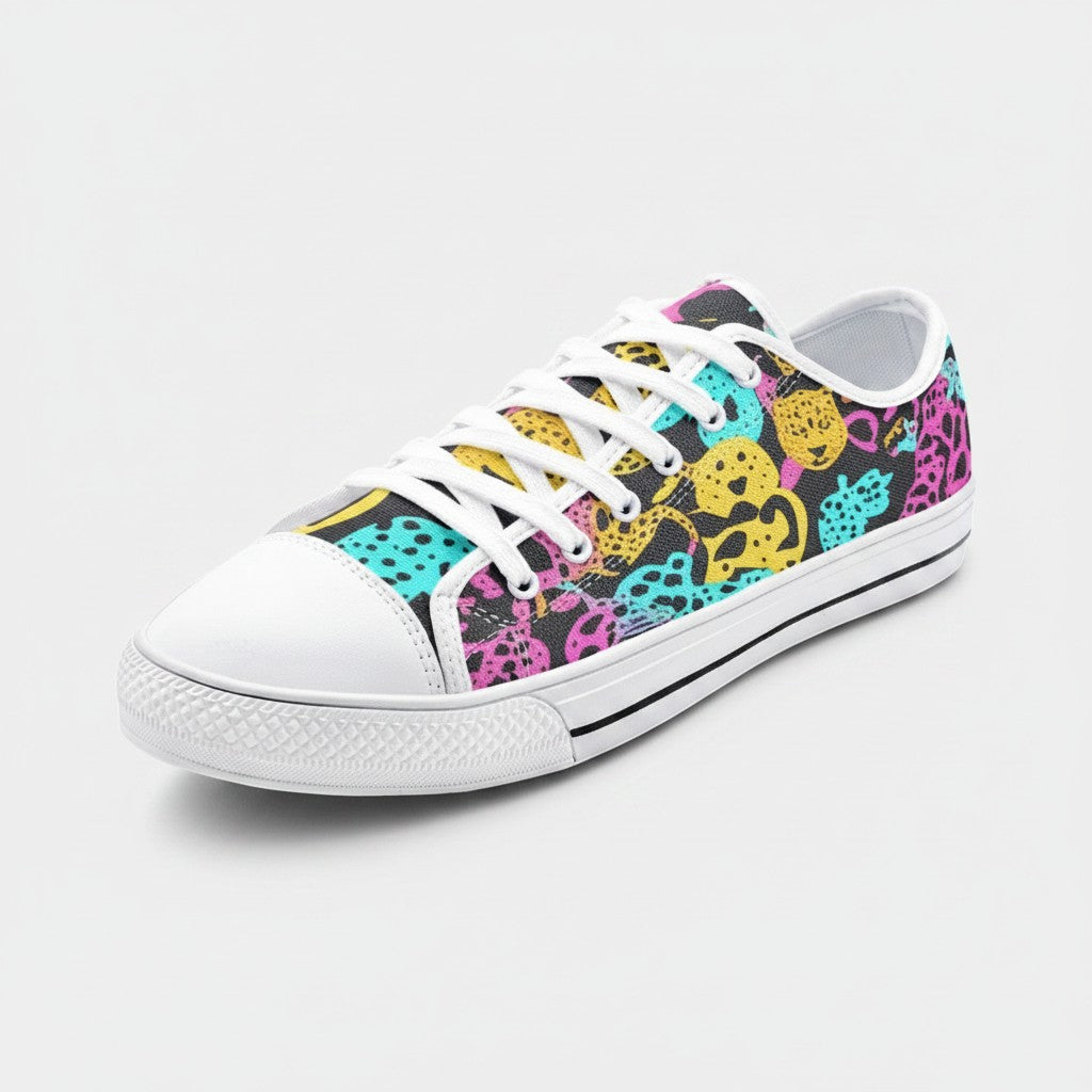Freaky Shoes® high-top canvas sneakers featuring a vibrant, multi-colored animal print pattern on a black background.