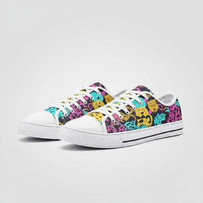 Freaky Shoes® high-top canvas sneakers featuring a vibrant, multi-colored animal print pattern on a black background.