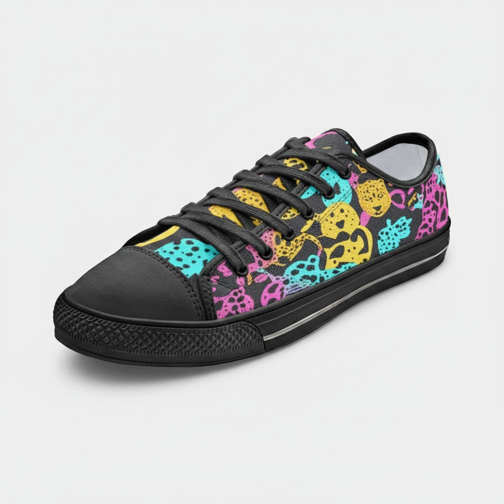 Freaky Shoes® canvas sneakers featuring a vibrant, multi-colored animal print pattern on a black background.