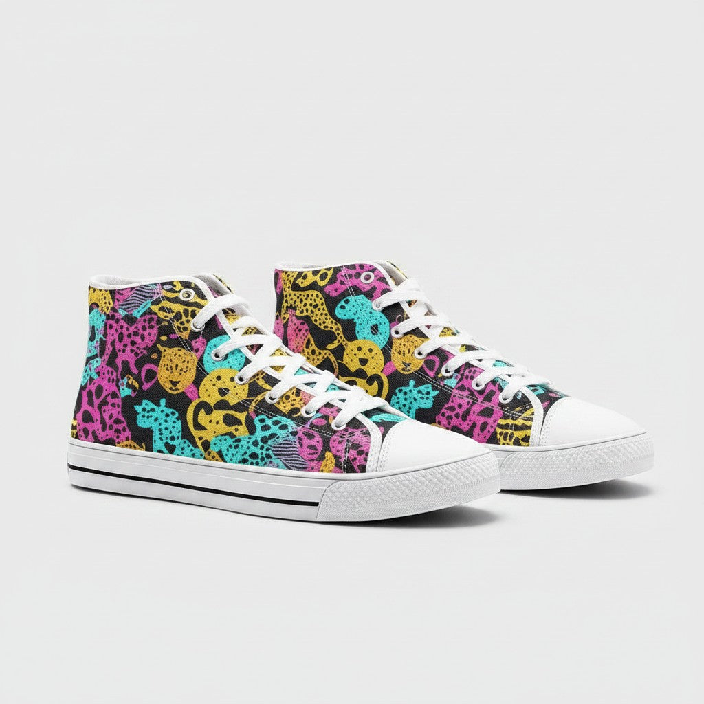 Freaky Shoes® high-top canvas sneakers featuring a vibrant, multi-colored animal print pattern on a black background.