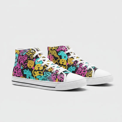 Freaky Shoes® high-top canvas sneakers featuring a vibrant, multi-colored animal print pattern on a black background.