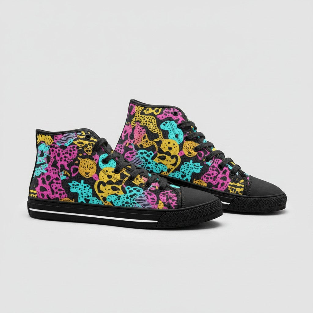 Freaky Shoes® high-top canvas sneakers featuring a vibrant, multi-colored animal print pattern and black laces.