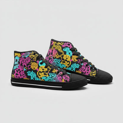 Freaky Shoes® high-top canvas sneakers featuring a vibrant, multi-colored animal print pattern and black laces.