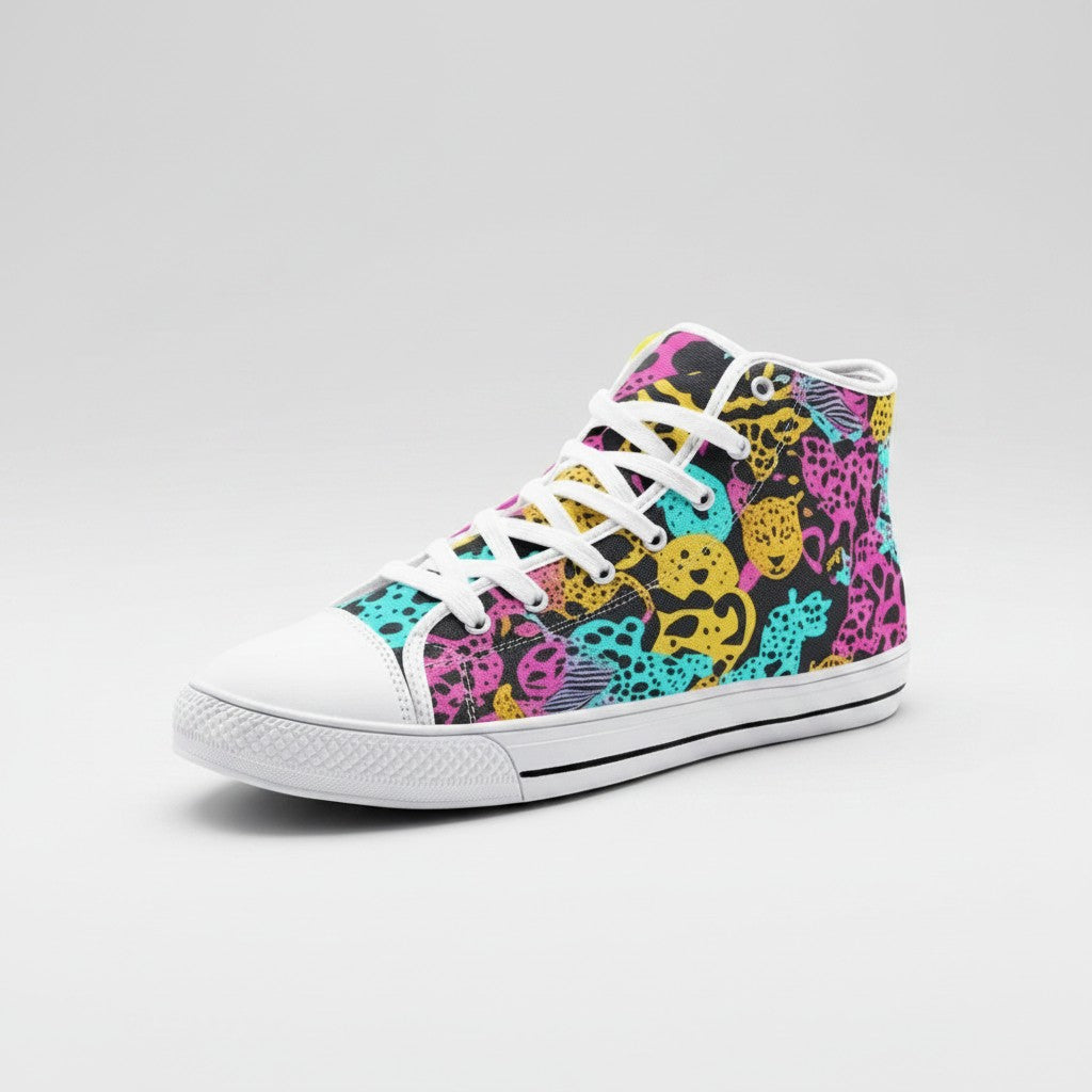 Freaky Shoes® high-top canvas sneakers featuring a vibrant, multi-colored animal print pattern and white laces.