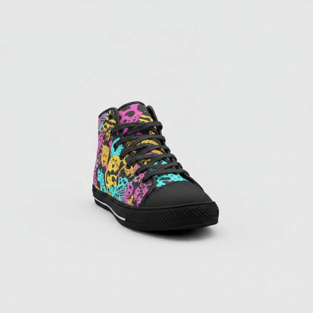 Freaky Shoes® high-top canvas sneakers featuring a vibrant, multi-colored animal print pattern and black laces.