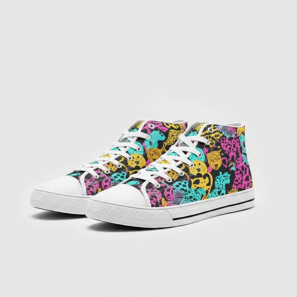 Freaky Shoes® high-top canvas sneakers featuring a vibrant, multi-colored animal print pattern on a black background.