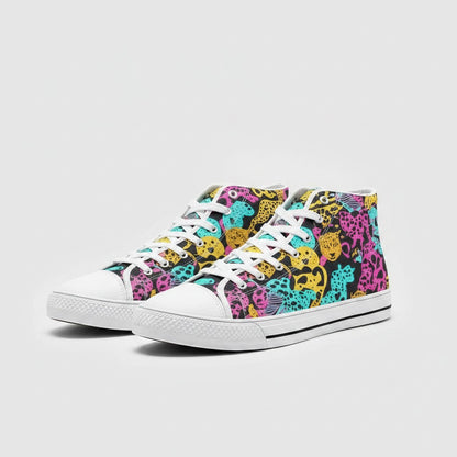 Freaky Shoes® high-top canvas sneakers featuring a vibrant, multi-colored animal print pattern on a black background.