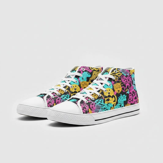 Freaky Shoes® high-top canvas sneakers featuring a vibrant, multi-colored animal print pattern on a black background.