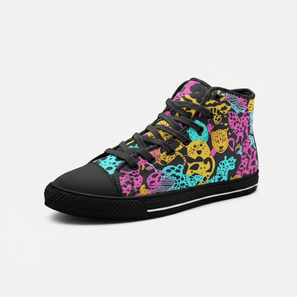 Freaky Shoes® high-top canvas sneakers featuring a vibrant, multi-colored animal print pattern on a black background.