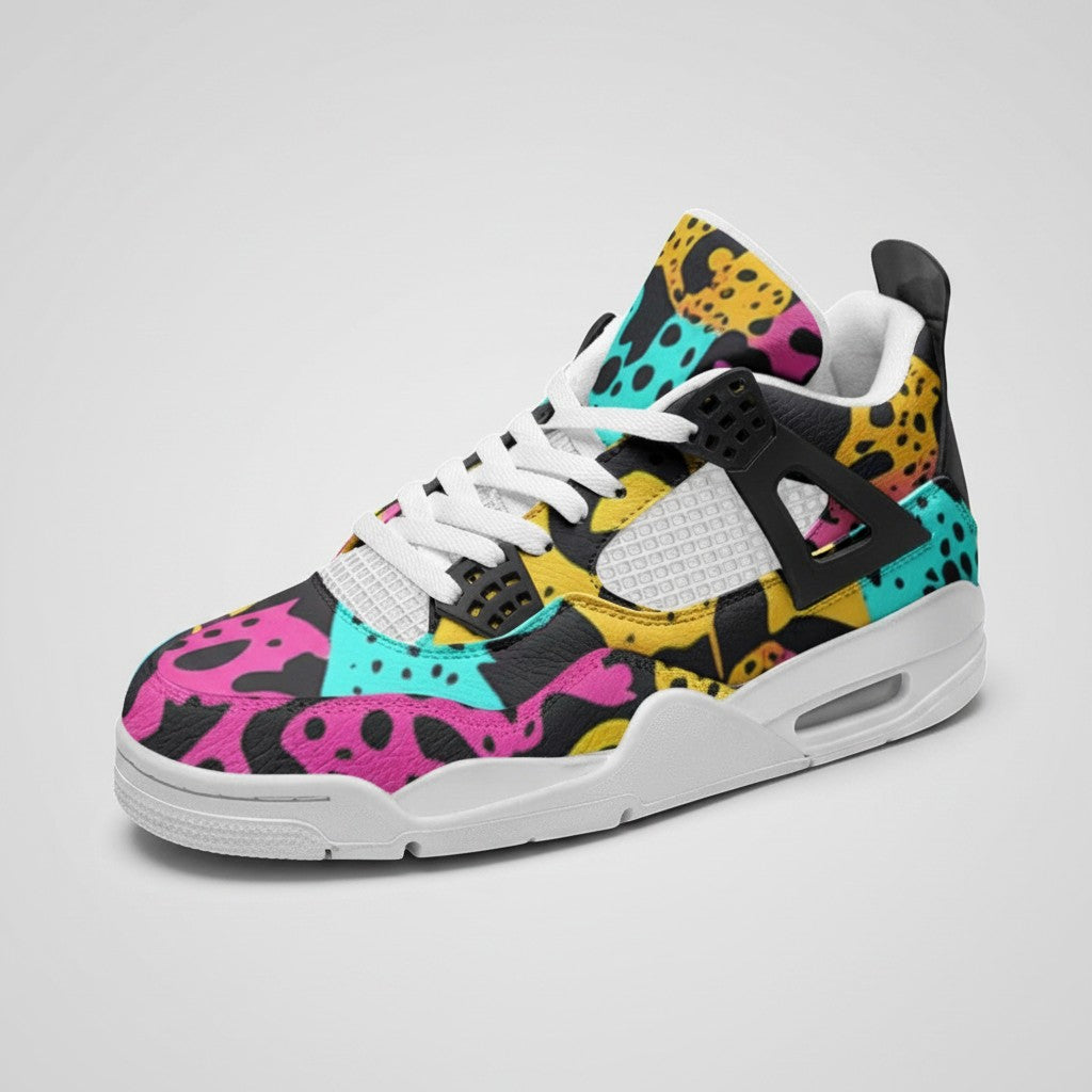 Freaky Shoes® high-top canvas sneakers featuring a vibrant, multi-colored animal print pattern and rubber sole.