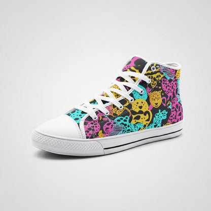 Freaky Shoes® high-top canvas sneakers featuring a vibrant, colorful animal print pattern with white laces and soles.