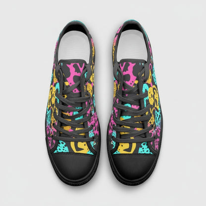 Freaky Shoes® high-top canvas sneakers featuring a vibrant, multi-colored animal print pattern with black laces.