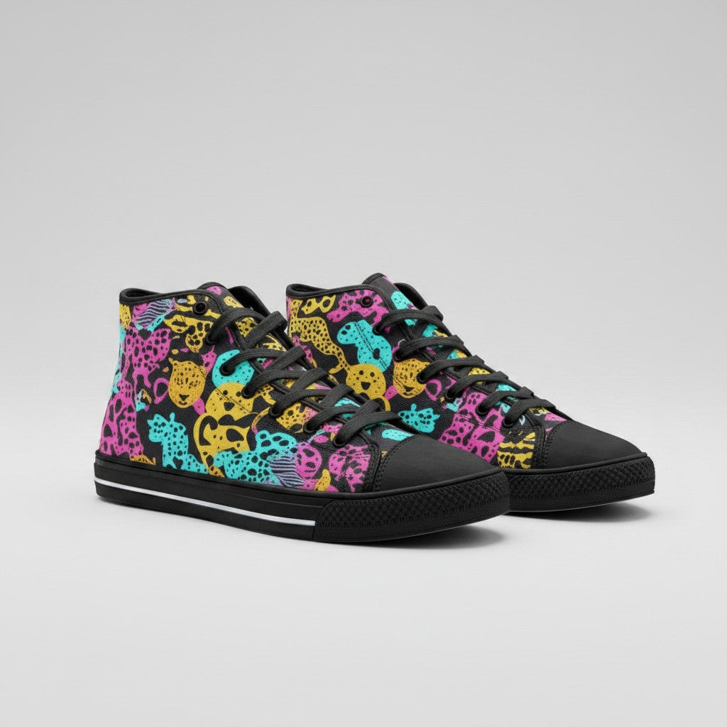 Freaky Shoes® high-top canvas sneakers featuring a vibrant, multi-colored animal print pattern on a black background.