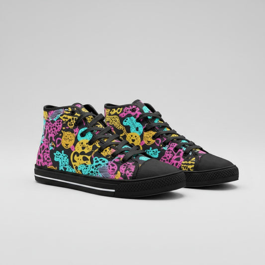 Freaky Shoes® high-top canvas sneakers featuring a vibrant, multi-colored animal print pattern on a black background.