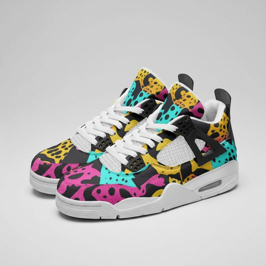 Freaky Shoes® high-top canvas sneakers featuring a vibrant, multi-colored animal print pattern and white rubber soles.