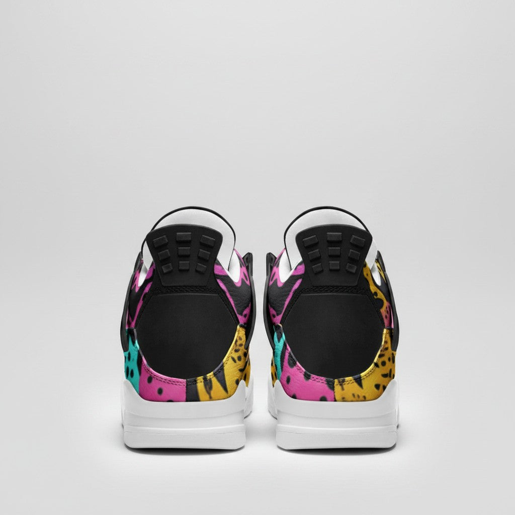 Rear view of Freaky Shoes® high-top canvas sneakers featuring a vibrant, multi-colored animal print and rubber soles.