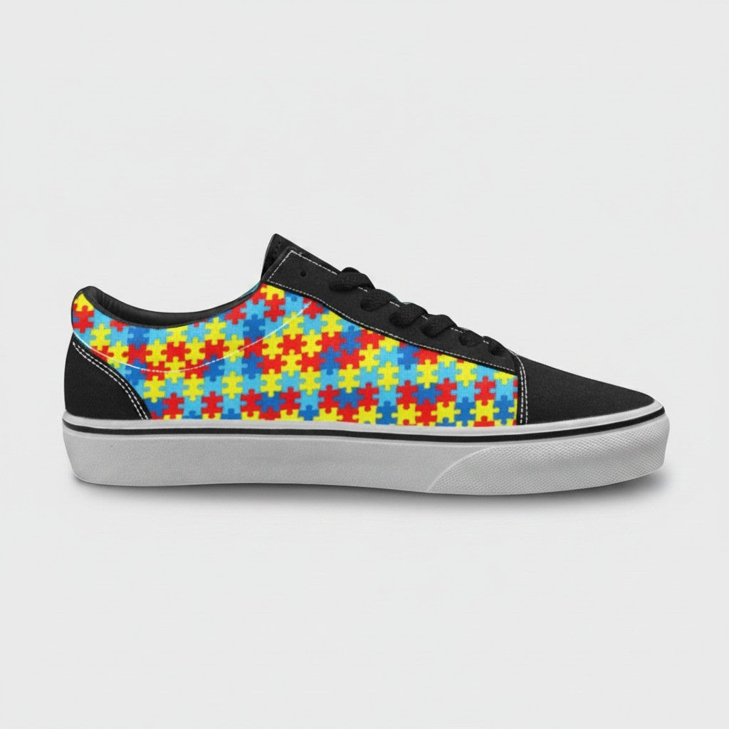 Freaky Shoes® men's low-top canvas skateboarding sneakers featuring a colorful autism awareness puzzle piece pattern.