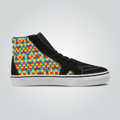 Freaky Shoes® men's high-top canvas skateboarding shoes featuring a colorful autism awareness puzzle piece pattern.