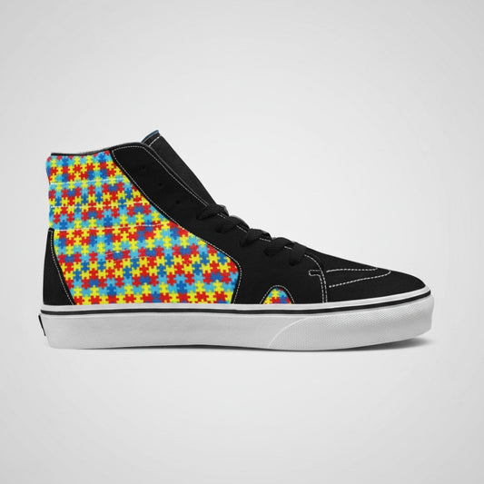 Freaky Shoes® women's high-top canvas skateboarding shoes featuring a colorful autism awareness puzzle piece print.
