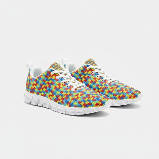 Freaky Shoes® high-top canvas sneakers featuring a colorful autism puzzle piece print and white lace-up closure.