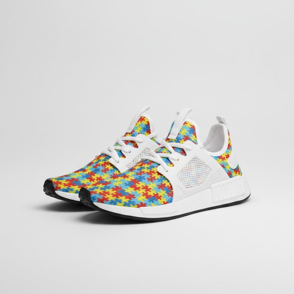 Freaky Shoes® custom high-top canvas sneakers featuring a colorful autism puzzle piece print and white EVA soles.
