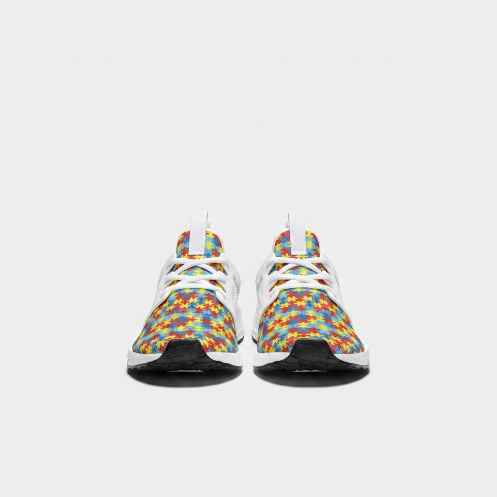 Freaky Shoes® high-top canvas sneakers featuring a colorful autism puzzle piece print and white lace-up design.